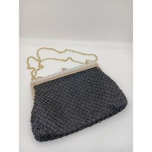Vintage Black Beaded Fine Arts Bag Hong Kong Clutch Purse Gold Tone Chain
